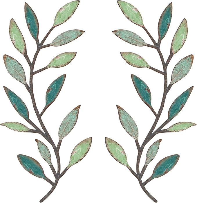 Zhengmy 2 Pieces Metal Tree Leaf Wall Decor Vine Olive Branch Leaf Wall Art Living Room, Hallway Wall Decor Outdoor Decoration(Gradient Green)