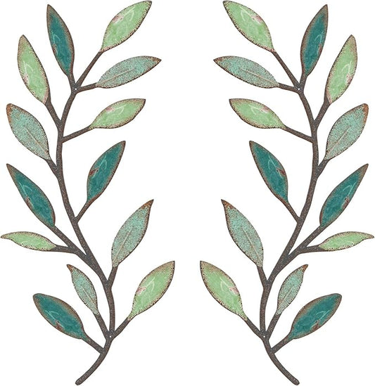 Zhengmy 2 Pieces Metal Tree Leaf Wall Decor Vine Olive Branch Leaf Wall Art Living Room, Hallway Wall Decor Outdoor Decoration(Gradient Green)