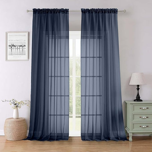 Lecloud Navy Blue Sheer Curtains 96 Inches Long 2 Pcs, Light Filtering Window Curtains for Living Room Bedroom Dining Room, Vintage Home Decor Rod Pockets Privacy Drapes, Each Panel 59" W x 96" L