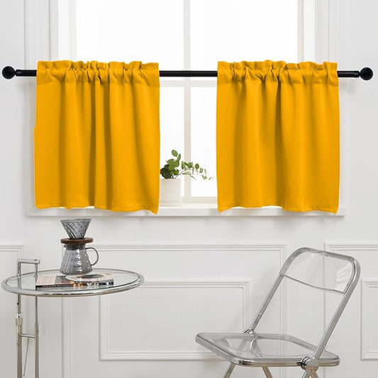 Pickluc Cafe Curtain (Half Window Tier Curtain) 24 Inches Length, Rod Pocket Kitchen Curtain, Short Blackout Curtain for Small Window, 30" Wide and 24" Long, 2 Panels, Mustard Yellow