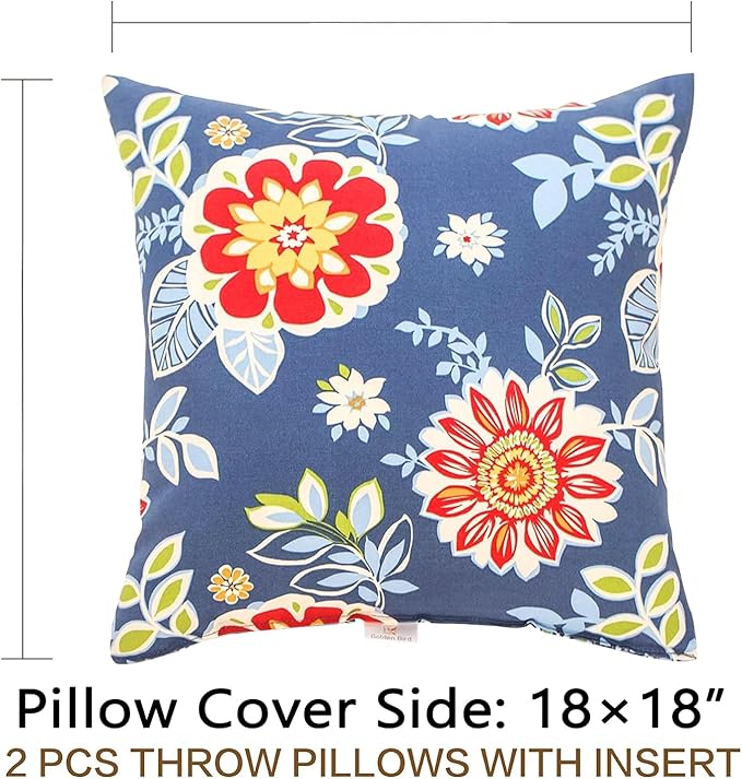 JMGBird Weather-Resistant Outdoor Pillows Set of 2, 18x18 inch Durable Red Flowers Blue Background Throw Pillows with Inserts for Patio Furniture