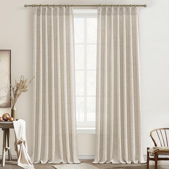Extra Long 132 Inch Pinch Pleated Natural Linen Curtains for Bedroom 2 Panels Set, Light Filtering Memory Trained Protect Privacy Luxury Windows Curtain Oatmeal 11 FT Length Floor to Ceiling Drapes