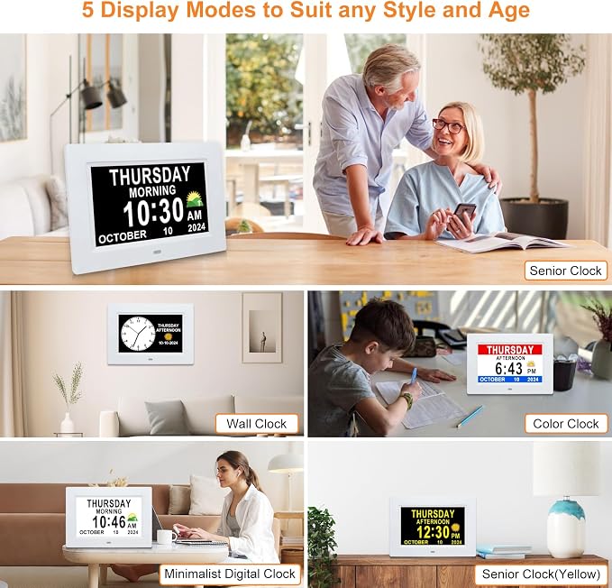 SSINI Digital Calendar Dementia Alarm Clock with Day and Date for Elderly - 15 Alarms 5 Colors Display Digital Clock Large Display Alzheimers Large Digital Clock for Seniors (7in White) - Image 4