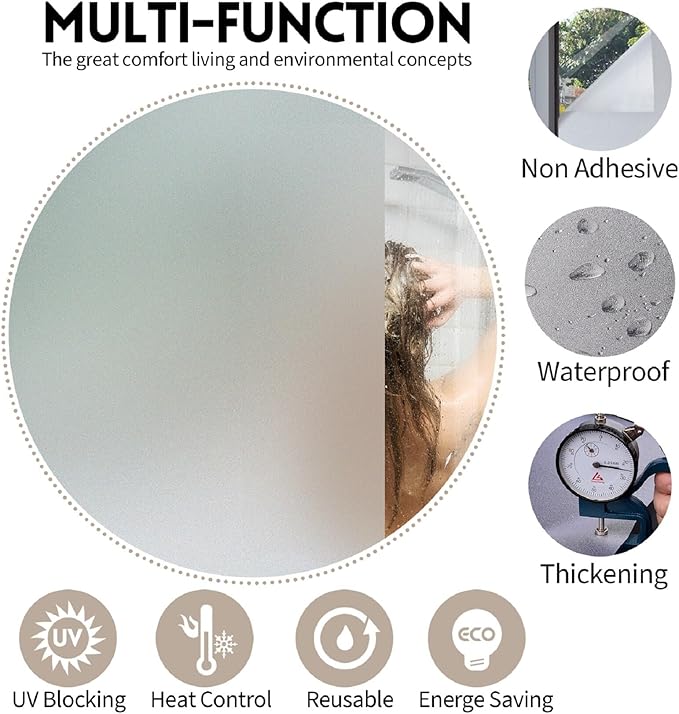 KESPEN Window Privacy Film Frosted Glass Heat Control UV Blocking Privacy Window Film for Glass Windows Static Cling Non-Adhesive Door Coverings Decals for Bathroom Home Office, 35.4 Inch X 32.8 Feet