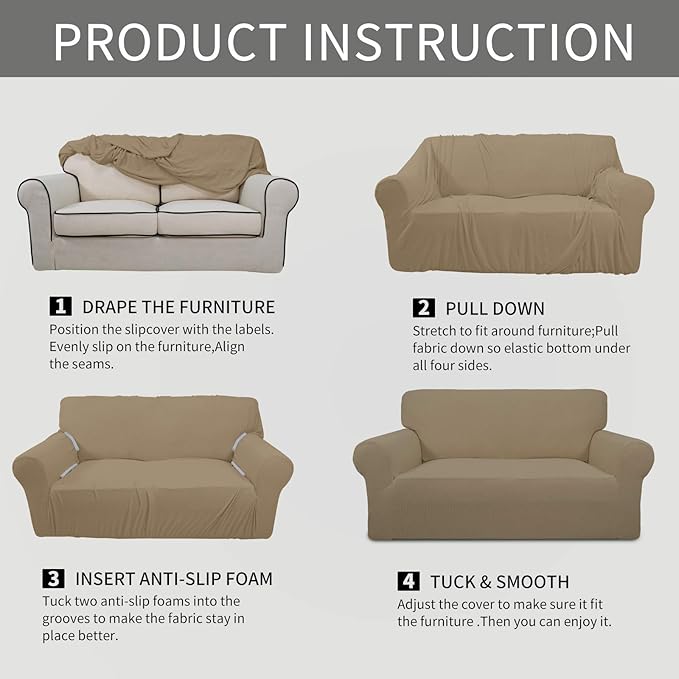 Easy-Going Stretch Oversized Sofa Slipcover 1-Piece Sofa Cover Furniture Protector Couch Soft with Elastic Bottom for Kids, Polyester Spandex Jacquard Fabric Small Checks Tan