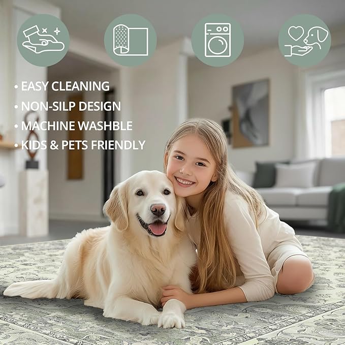 Green 8x10 Washable Large Area Rug, Non-Slip Soft Ultra-Thin Polyester Carpet with Vintage Vintage Stain Large Rug for Living Room, Bedroom, Dining Room & Open-Concept Spaces Oeko-TEX - Green