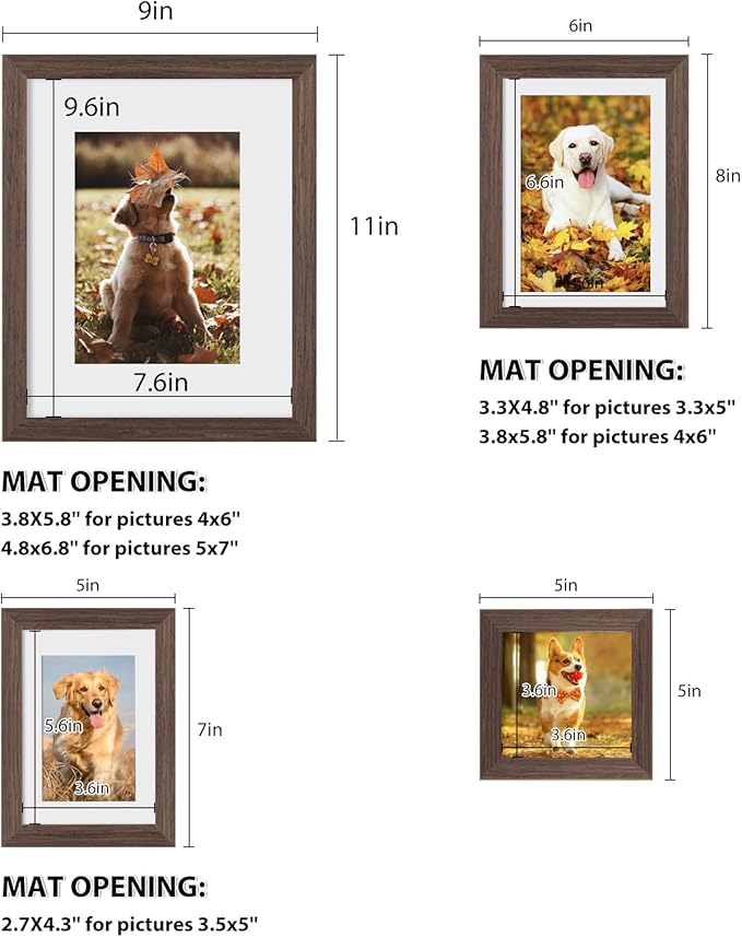 Egofine Picture Frame Set 12 Pack, Picture Frames Collage Wall Decor with Two 8x10, Four 5x7, Four 4x6, Two 4x4 for Wall and Tabletop, Made of Solid Wood, Covered by Plexiglass, Rustic Brown