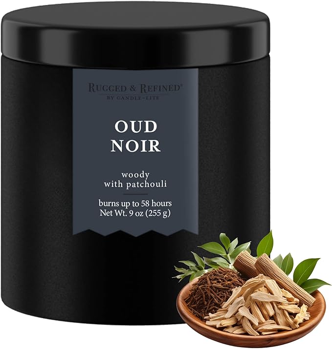 Candle-lite Rugged & Refined Scented Candle for Men, Oud Noir, 9 oz Tin, Poured in The USA, Masculine Fragrance, 1-Wick, 58 Hours of Burn Time, Ideal Gift for Man in Your Life & Father's Day