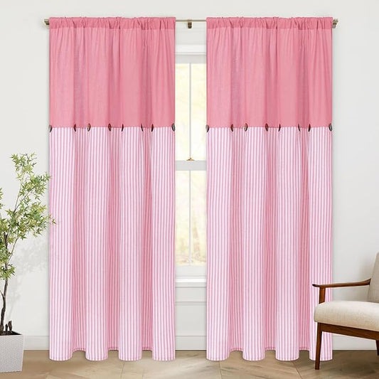 ASPMIZ Cotton Linen Pink Curtains for Girls Living Room, Rod Pocket & Back Tab Boho Curtains for Bedroom, Country Farmhouse Striped Curtain with Rustic Buttons, Home Decor, 52 x 84 Inch, 2 Panels