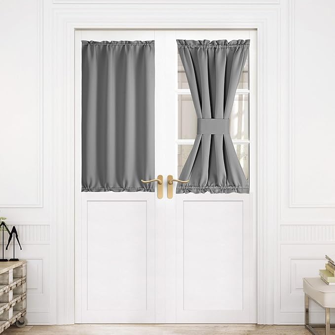 NICETOWN French Door Curtain for Door Window, Rod Pocket Thermal Short Curtain for Glass Patio Kitchen Window, 30 X 40 Inches Long, 1 Panel with Tieback, Silver Grey