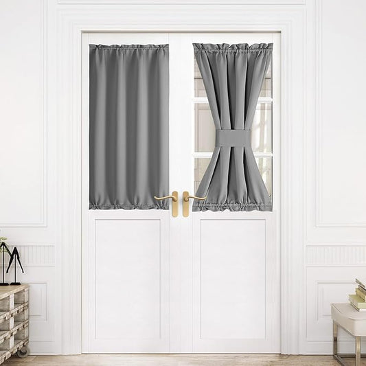 NICETOWN French Door Curtain for Door Window, Rod Pocket Thermal Short Curtain for Glass Patio Kitchen Window, 30 X 40 Inches Long, 1 Panel with Tieback, Silver Grey