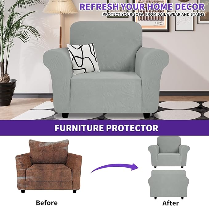 ZNSAYOTX Chair Cover with Arms (30"-47"), New Striped Sofa Chair Covers for Living Room, Dogs Pet Friendly Anti-Slip Chair Protector Spandex Armchair Slipcovers (Light Grey, Chair)