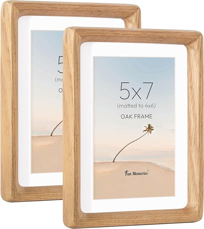 5x7 Picture Frame Set of 2, USA-Sourced Oak Wood Photo Frame with HD Tempered Glass, Handcrafted Rounded Corner 5 x 7 Wooden Frames Matted to 4x6 Photos, 5x7 Frames, Tabletop or Wall Display