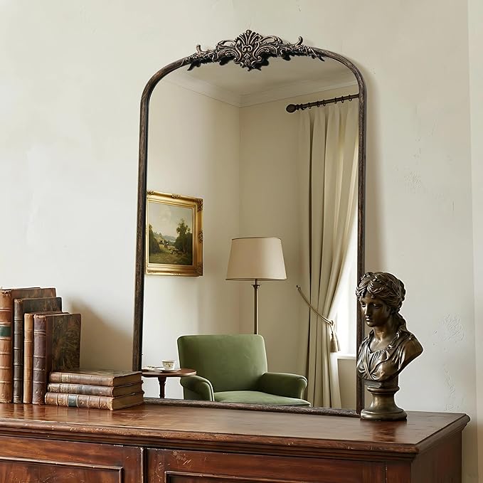 Besdomus Antique Large Arched Mirror: 24"x36" French Arch Black Vintage Vanity Wall Mounted Mirror - Traditional Ornate Home Decor for Entryway/Fireplace/Bathroom/Bedroom - Idea for Young Couples
