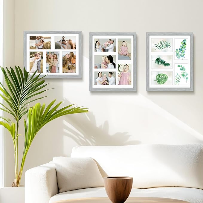 Golden State Art, 11x14 Grey Wooden Frame with White Mat - Displays Five 4x6 Photos - Tempered Glass - Wall Mounting, Portrait, Set of 10