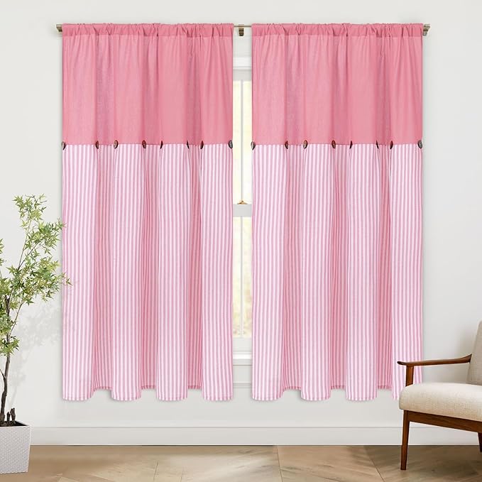 ASPMIZ Farmhouse Living Room Curtains Boho, Country Linen Curtains with Rustic Buttons, Rod Pocket & Back Tab Pink Striped Curtain for Girls Bedroom Window Curtain Home Decor, 52 x 63 Inch, 2 Panels