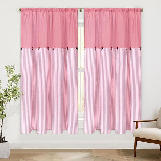 ASPMIZ Farmhouse Living Room Curtains Boho, Country Linen Curtains with Rustic Buttons, Rod Pocket & Back Tab Pink Striped Curtain for Girls Bedroom Window Curtain Home Decor, 52 x 63 Inch, 2 Panels