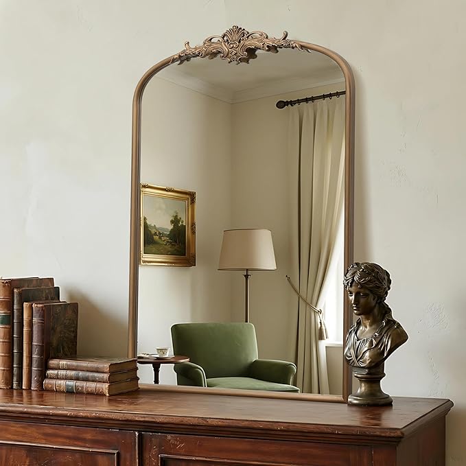 Besdomus Antique Gold Arched Mirror: 24"x36" French Large Arch Gold Vintage Vanity Wall Mounted Mirror - Traditional Ornate Home Decor for Entryway/Bathroom/Bedroom - Idea for Fashion-Conscious
