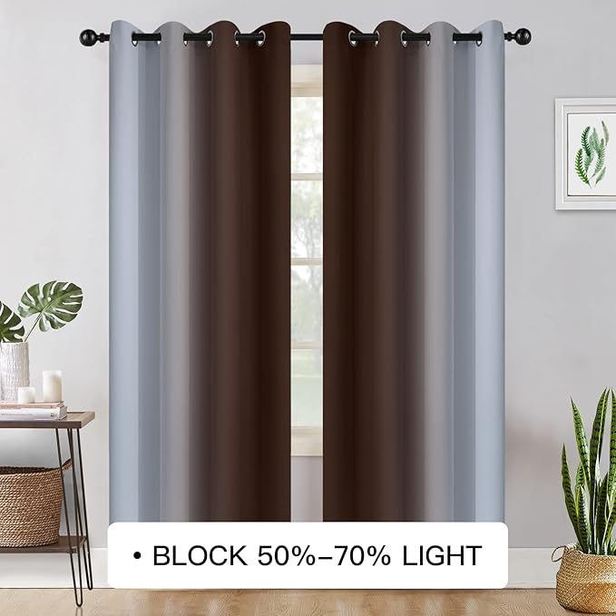 COSVIYA Grommet Ombre Room Darkening Curtains 72 inch Length 2 Panels, Brown and Grayish White Gradient Drapes Light Blocking Insulated Thermal Window Curtains for Bedroom/Living Room,52x72 inches
