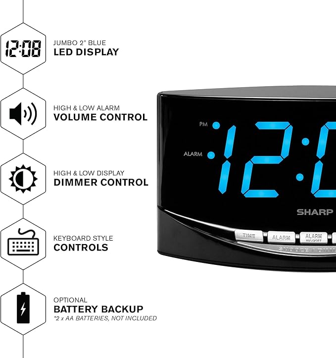 Sharp Digital Alarm Clock, 2" Jumbo Blue LED Display, High/Low Volume | 2-step dimmer, easy-set controls, snooze, battery backup, across-room viewing, bedroom, nightstand, office, seniors, elderly - Image 3