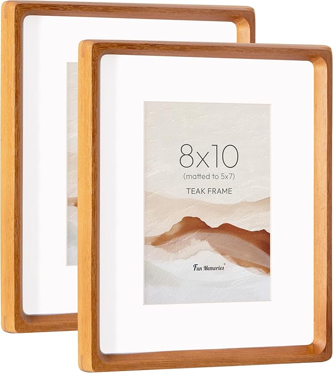 8x10 Picture Frame Set of 2, USA-Sourced Teak Wood Photo Frame with HD Tempered Glass, Handcrafted Rounded Corner 8 x 10 Wooden Frames Matted to 5x7 Photos, 8x10 Frames, Tabletop or Wall Display