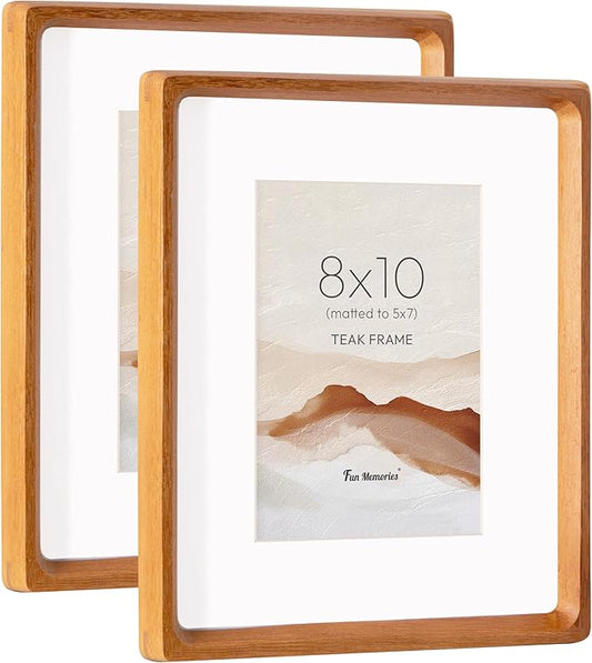 8x10 Picture Frame Set of 2, USA-Sourced Teak Wood Photo Frame with HD Tempered Glass, Handcrafted Rounded Corner 8 x 10 Wooden Frames Matted to 5x7 Photos, 8x10 Frames, Tabletop or Wall Display