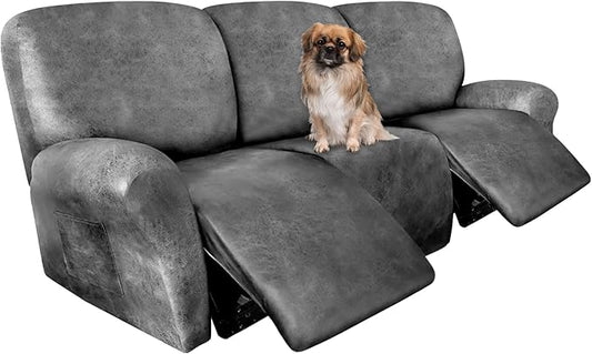 ANARACHON Recliner Couch Cover Leather Look Recliner Sofa Covers for 3 Cushion Reclining Sofa Slipcovers 8-Pieces Furniture Protector Spandex Fabric Washable (3 Seater, 02 Light Grey)