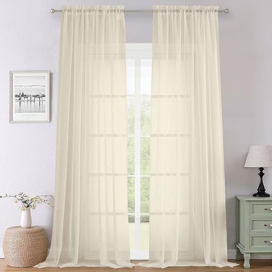 Lecloud Cream Sheer Curtains 108 Inches Long 2 Pcs, Dual Rod Pocket Home Decor Living Room Curtains for Bedroom, Light Filtering Airy Voile Solid Elegant Soft Drapes, Each Panel 59" W x 108" L