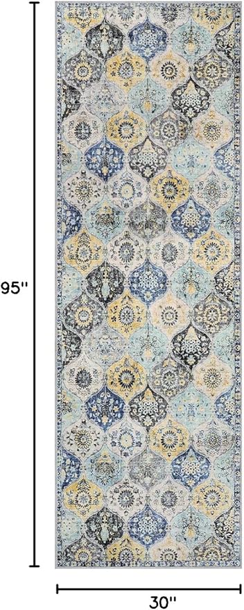 Lahome Moroccan Washable Hallway Runner Rug, 2'5''x8' Ultra-Thin Carpet Runners for Hallways Kitchen, Oriental Non-Slip Laundry Room Rug for Entryway Bedroom Bathroom Elise, Yellow/Aqua