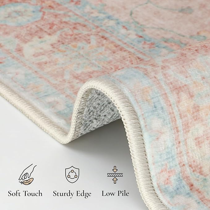 GENIMO Runner Rug for Hallways Machine Washable, 3x7 Non Slip Boho Vintage Lightweight Washable Runners, Thin Floor Rugs for Entryway Hallway Bathroom Laundry Room Corridor, Misty Pink