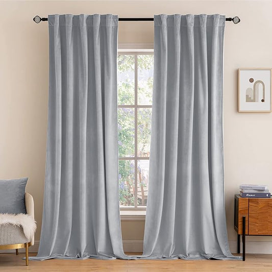 MIULEE Greyish White Velvet Curtains 96 inches 2 Panels - Luxury Blackout Curtains for Bedroom Living Room Thermal Insulated Super Soft Window Drapes Rod Pocket & Back Tab, W52 x L96 inches
