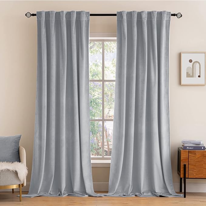 MIULEE Greyish White Velvet Curtains 90 inches 2 Panels - Luxury Blackout Curtains for Bedroom Living Room Thermal Insulated Super Soft Window Drapes Rod Pocket & Back Tab, W 52 x L 90 inch