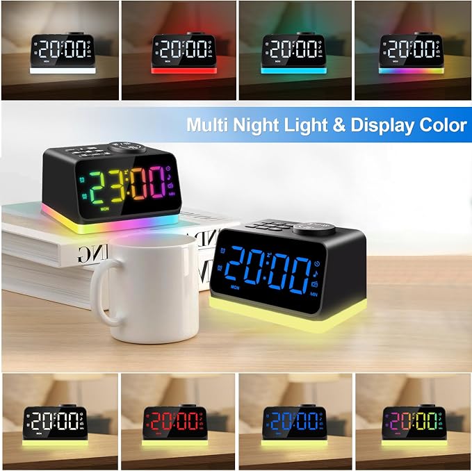 JALL Digital Alarm Clock with FM Radio for Bedroom, 8 Colors Night Light with Charging Port, Sleep Sound Machines with Timer, Dual Alarm (Black with RGB Font) - Image 4