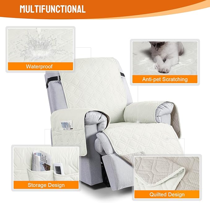 VANSOFY 100% Waterproof Recliner Chair Covers, Recliner Cover Non-Slip Dog Chair Cover Furniture Protector Washable Slipcover with Pocket, Elastic Straps for Pets, Dogs(Off White, 23.6")