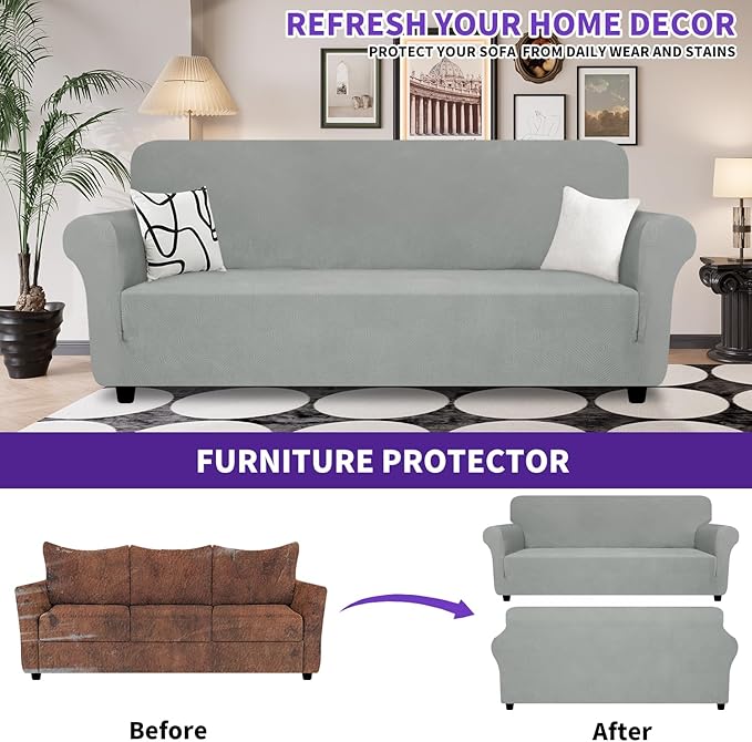 ZNSAYOTX Super Stretch Sofa Cover (72"-92"), New Striped Sofa Covers Fitted Slipcovers with Elastic Bottom, Dog Cat Pets Proof Spandex Washable Fabric Comfortable & Durable (Light Grey, Sofa)