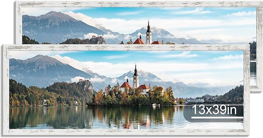 13x39 Puzzle Frame 2 Packs, Real Glass and Distressed White Wood Frame, Display Panoramic 13 x 39 Picture Frames - Horizontal or Vertical Wall Mounting