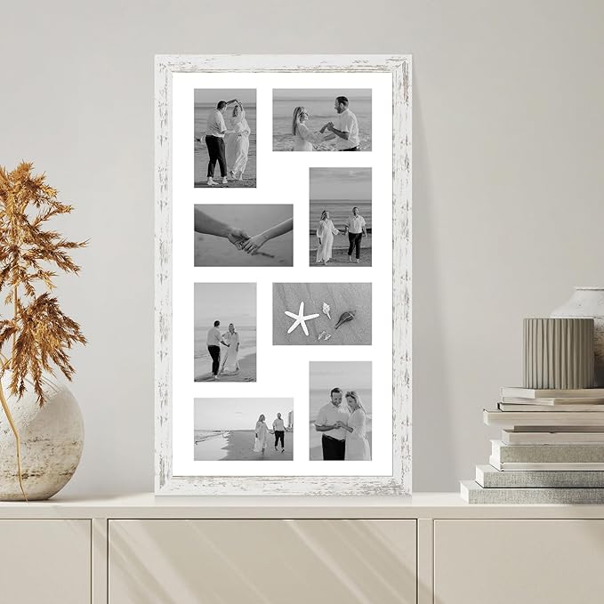 12x22 Picture Frame Set of 2, Distressed White with Glass Collage Frame, Display Eight Opening 4x6 Photos With Mat or 12 x 22 Newspaper Without Mat - Horizontal or Vertical Wall Mounting
