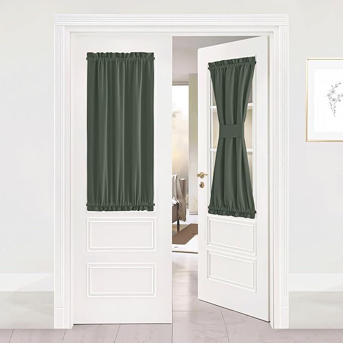 NICETOWN French Door Curtains for Small Window, Rod Pocket Thermal Insualted Short Front Sidelight Curtain for Window Cover Back Door Shade with Tieback, 1 Panel (Dark Mallard, W25 inch x L40 inch)