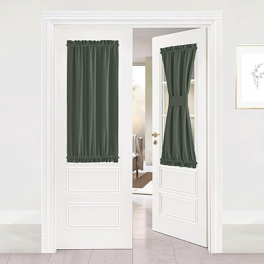 NICETOWN French Door Curtains for Small Window, Rod Pocket Thermal Insualted Short Front Sidelight Curtain for Window Cover Back Door Shade with Tieback, 1 Panel (Dark Mallard, W25 inch x L40 inch)