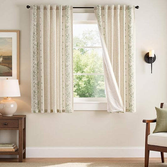 jinchan Winslow Lined Linen Curtains for Bedroom 63 Inches Linen Blended Embroidered Bordered Floral Curtains for Living Room Farmhouse Decor Window Treatments Sage on Beige Drapes 2 Panels