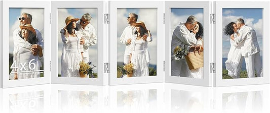 5 Folding 4x6 Picture Frame Horizontal Engineered Wood Accordion Photo Frame with Plexiglass Tabletop Bookshelf Display White