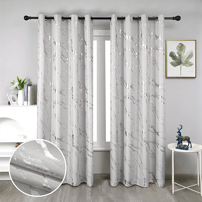 Taisier Home Silver Foil Print Linen Textured Curtains - Geometric Marble Pattern Design for Nursery - Light Filtering Window Treatment, 2 Panels, 63" L, Beige and Silver