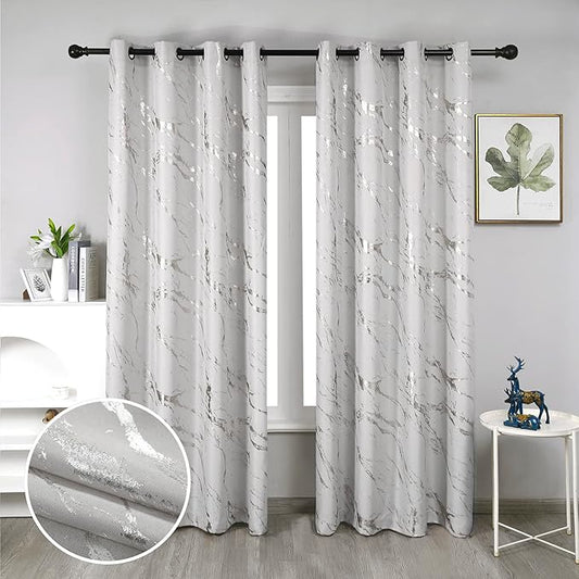 Taisier Home Silver Foil Print Linen Textured Curtains - Geometric Marble Pattern Design for Living Room - Light Filtering Window Treatment, 2 Panels, 95" L, Beige and Silver