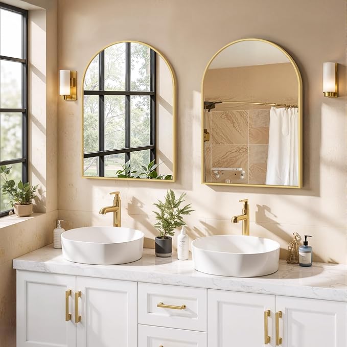Arched Wall Mirror 30x20 Inch Gold Bathroom Vanity Mirror with Metal Frame, Modern Arch Mirror for Bedroom, Living Room, Entryway, Wall Mounted Decorative Mirror