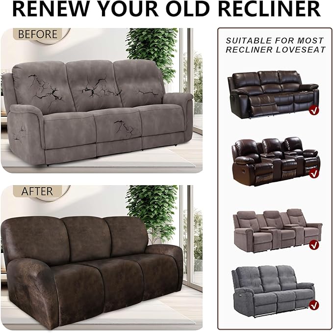 ANARACHON Leather Look Recliner Couch Cover 8-Piece Recliner Sofa Slipcovers 3 Seater for Reclining Couches Furniture Protector Spandex Fabric Washable (Recliner Sofa, Brown)