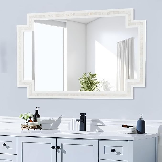 Tanmicoshomy 24 x 36 Inch White Bathroom Mirrors for Wall, Decorative Shell Inlay Mosaic Rectangle Mirrors with Tempered Glass for Bedroom, Living Room or Entryway