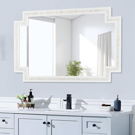 Tanmicoshomy 24 x 36 Inch White Bathroom Mirrors for Wall, Decorative Shell Inlay Mosaic Rectangle Mirrors with Tempered Glass for Bedroom, Living Room or Entryway