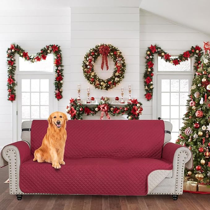 XINEAGE Quilted Sofa Cover Waterproof Couch Covers for 3 Cushion Couch, Super Soft Washable Slipcover with Pockets & Non-Slip Elastic Straps, Thick Furniture Protector (Sofa, Red)