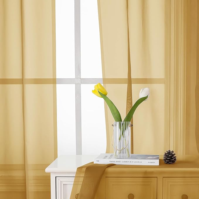 Lecloud Gold Sheer Curtains 72 Inch Length 2 Panels, Light Filtering Voile Window Drapes for Bedroom, Dual Rod Pocket Living Room Elegant Window Treatments, 40 W x 72 L Inches, Gold