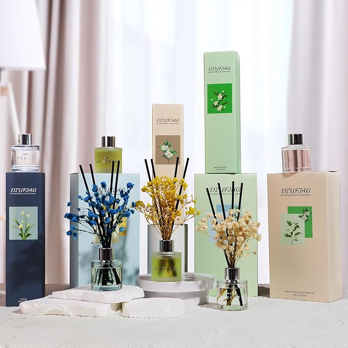 Jasmine White Tea Gardenia Bathroom Diffuser, 3.4 oz Reed Diffuser with Dried Flower for Small Place, Last up to 60 Days